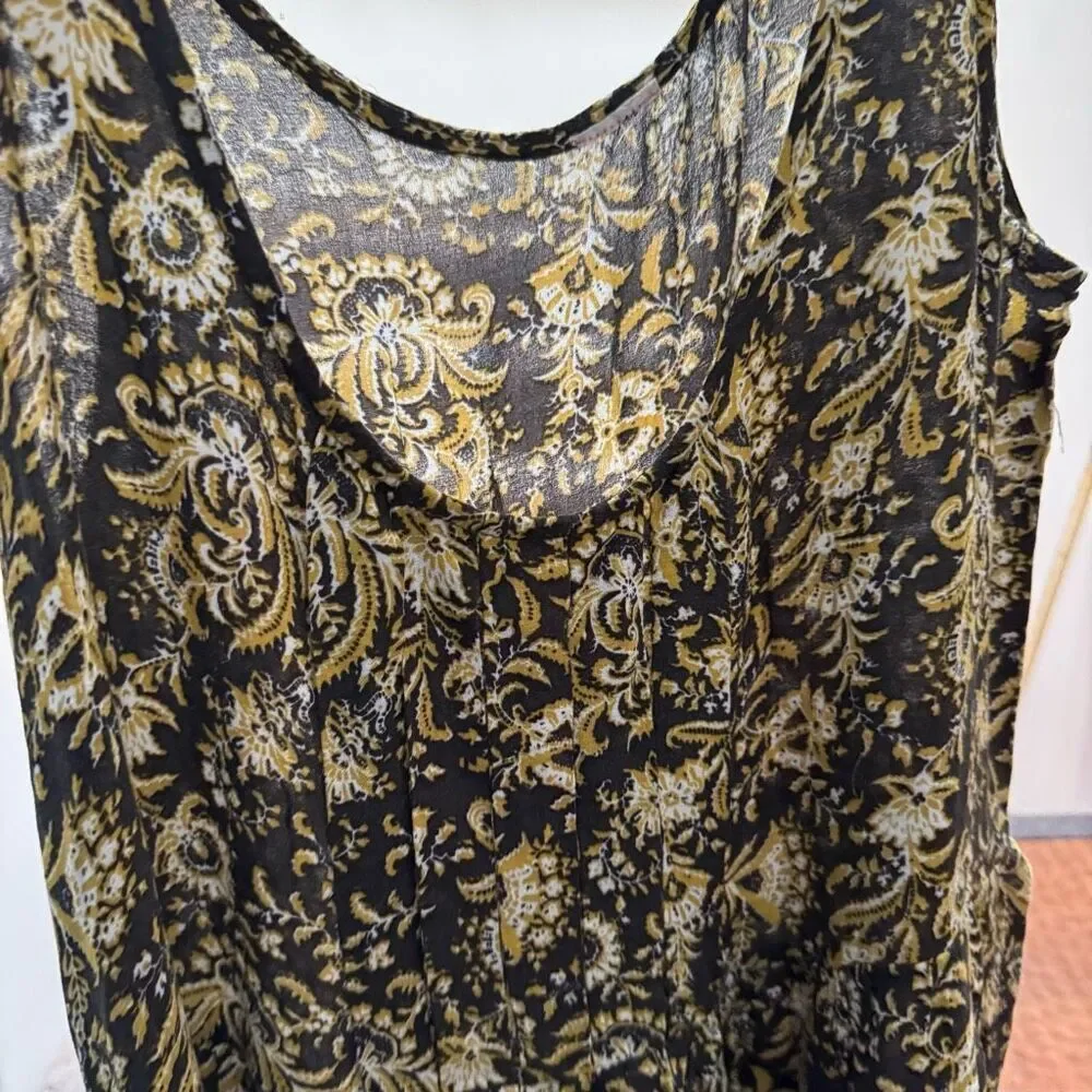 Free People (M/L) Golden Floral Pleated Flowy Tank Top